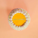 3 Tier Corporate Drip Cake with logo featuring bright yellow icing and white decorative frosting border by Crumbs & Doilies